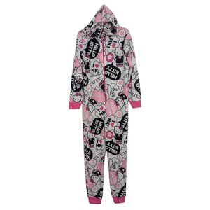 Hello Kitty Sanrio Pajamas Womens Size Medium White Fleece Hooded One Piece